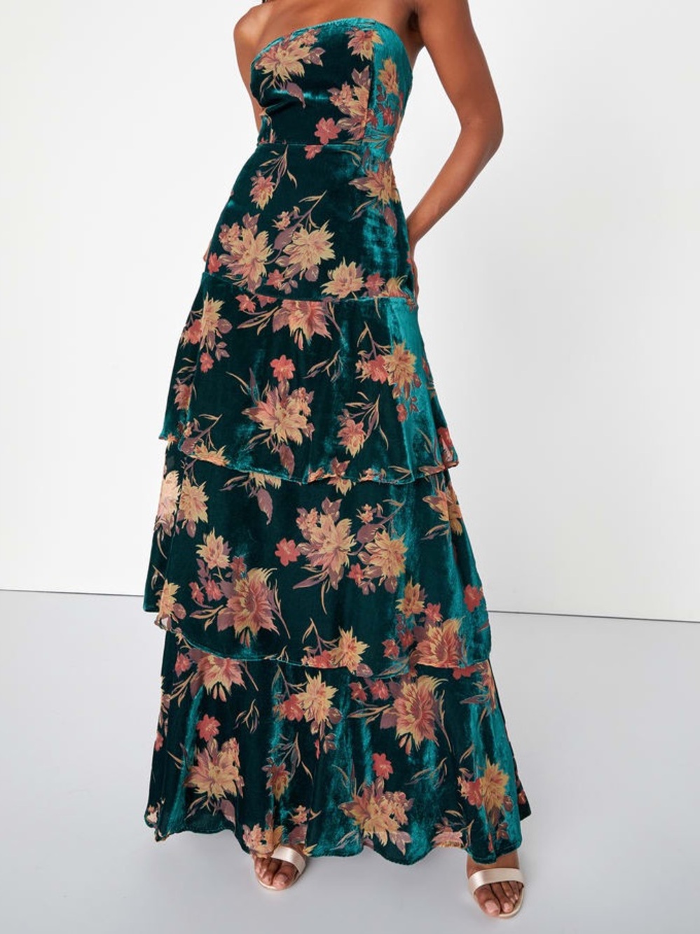 Lulus green and floral velvet dress